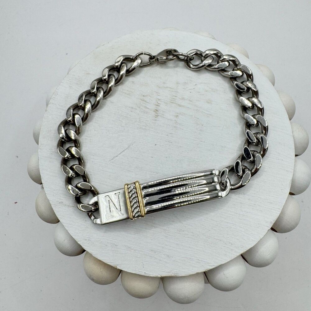 Sterling Silver 14k Gold Engraved N W ID Bracelet Dolan Bullock Curb Chain